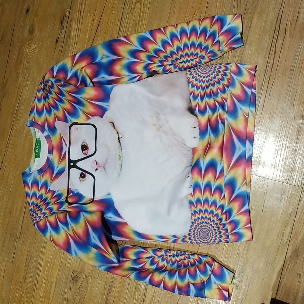 Tie dye cat w/glasses long sleeve top sz XL like new condition